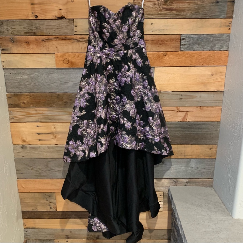 Lulus All Romance Black Floral Jacquard Strapless High-Low Gown Black/Lilac - XS - Picture 6 of 15